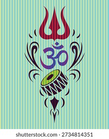 Símbolo de Om con llama tridente y tambor indio en diseño de fondo a rayas.