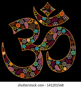 Om symbol vector made of flowers and hindu symbols on black background