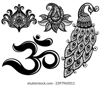 Imagen de dibujo vectorial Om.Peacock.Lotus sumbol.símbolo de flor turco.Conjunto Boho. Conjunto de tatuajes