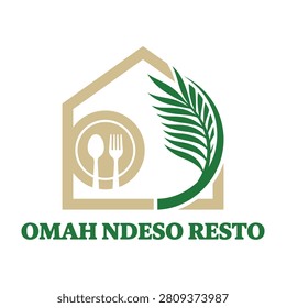 Omah Ndeso Resto logo featuring a house with plate fork spoon and green leaf symbol