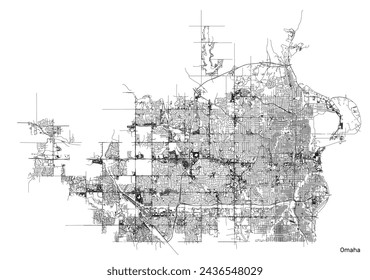 Omaha city map with roads and streets, United States. Vector outline illustration.