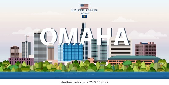 Omaha city skyline colorful vector illustration. Travel poster