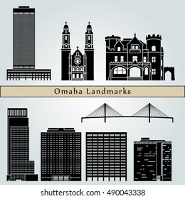 Omaha landmarks and monuments isolated on blue background in editable vector file