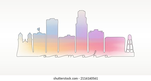 Omaha, NE, USA Skyline Watercolor City Illustration. Famous Buildings Silhouette Hand Drawn Doodle Art. Vector Landmark Sketch Drawing.