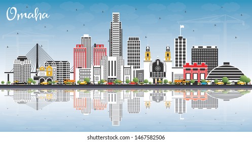 Omaha Nebraska City Skyline with Color Buildings, Blue Sky and Reflections. Vector Illustration. Business Travel and Tourism Concept with Historic Architecture. Omaha USA Cityscape with Landmarks.