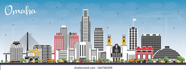 Omaha Nebraska City Skyline with Color Buildings and Blue Sky. Vector Illustration. Business Travel and Tourism Concept with Historic Architecture. Omaha USA Cityscape with Landmarks.