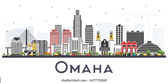 Omaha Nebraska City Skyline with Color Buildings Isolated on White. Vector Illustration. Business Travel and Tourism Concept with Historic Architecture. Omaha USA Cityscape with Landmarks.