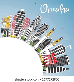 Omaha Nebraska City Skyline with Color Buildings, Blue Sky and Copy Space. Vector Illustration. Business Travel and Tourism Concept with Historic Architecture. Omaha USA Cityscape with Landmarks.