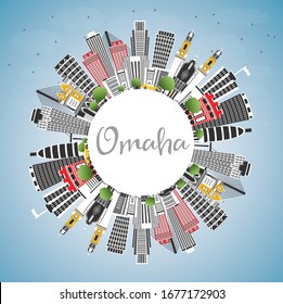 Omaha Nebraska City Skyline with Color Buildings, Blue Sky and Copy Space. Vector Illustration. Business Travel and Tourism Concept with Historic Architecture. Omaha USA Cityscape with Landmarks.
