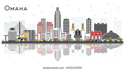 Omaha Nebraska City Skyline with Color Buildings and reflections Isolated on White. Vector Illustration. Travel and Tourism Concept with Historic Architecture. Omaha USA Cityscape with Landmarks.