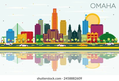 Omaha Nebraska City Skyline with Color Buildings, Blue Sky and Reflections. Vector Illustration. Business Travel and Tourism Concept with Historic Architecture. Omaha USA Cityscape with Landmarks.