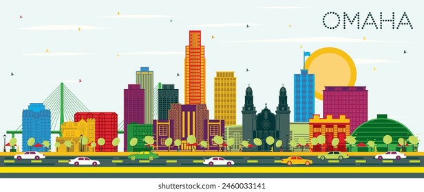 Omaha Nebraska City Skyline with Color Buildings and Blue Sky. Vector Illustration. Business Travel and Tourism Concept with Historic Architecture. Omaha USA Cityscape with Landmarks.