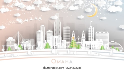 Omaha Nebraska City Skyline in Paper Cut Style with Snowflakes, Moon and Neon Garland. Vector Illustration. Christmas and New Year Concept. Santa Claus on Sleigh. Omaha USA Cityscape Landmarks.
