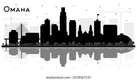 Omaha Nebraska City Skyline Silhouette with Black Buildings and reflections Isolated on White. Vector Illustration. Tourism Concept with Historic Architecture. Omaha USA Cityscape with Landmarks.