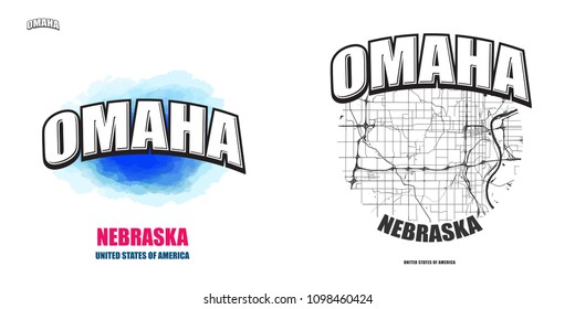 Omaha, Nebraska, logo design. Two in one vector arts. Big logo with vintage letters with nice colored background and one-color-version with map for every possible print production.