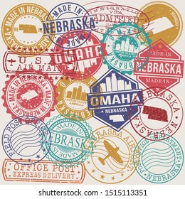 Omaha Nebraska Set of Stamps. Travel Stamp. Made In Product. Design Seals Old Style Insignia.