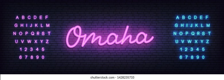 Omaha poker neon sign. Glowing lettering template for poker club