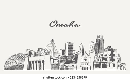 Omaha skyline, Nebraska, USA, hand drawn vector illustration, sketch