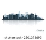 Omaha skyline silhouette with reflection. Landscape Omaha, Nebraska. Vector illustration.