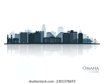 Omaha skyline silhouette with reflection. Landscape Omaha, Nebraska. Vector illustration.