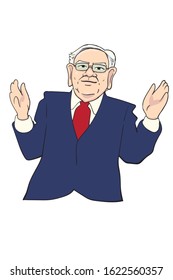 Omaha, USA - January 8, 2020. Caricature Illustration. Character drawing of Warren Edward Buffett, The Leadership of Berkshire Hathaway.