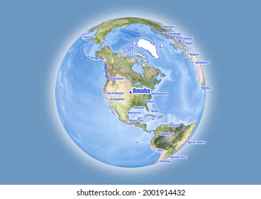 Omaha-United States of America is shown on vector globe map. The map shows Omaha-United States of America 's location in the world.
