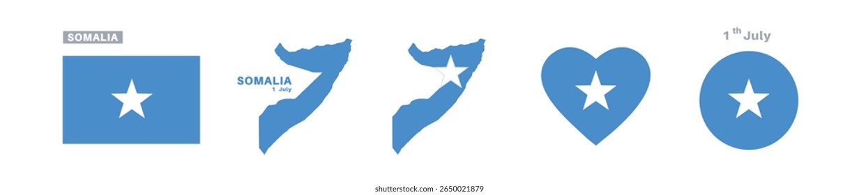 omalia flag and map set. somalia flag in official colors and proportions. dia da independência 1 de julho, mapa, círculo e coração em forma somalia