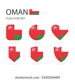 Oman 3d flag icons of 6 shapes all isolated on white background.