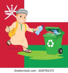 Oman Arab Kid throwing Garbage to Trash bin