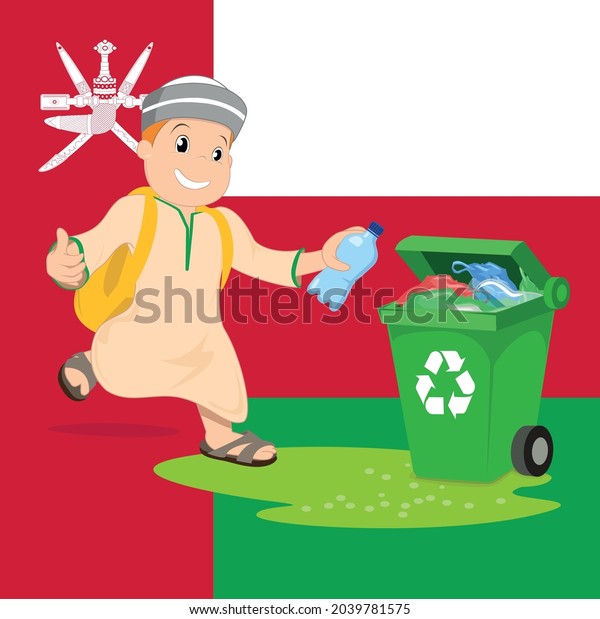 Oman Arab Kid Throwing Garbage Trash Stock Vector (Royalty Free