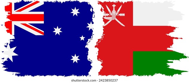 Conexión de banderas onduladas de Omán y Australia, vector