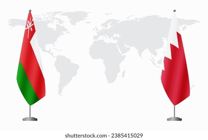 Oman and Bahrain flags for official meeting against background of world map.