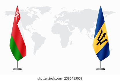 Oman and Barbados flags for official meeting against background of world map.