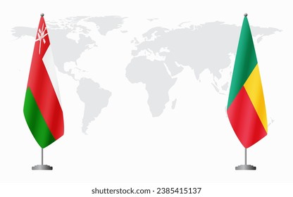 Oman und Benin Flaggen für offizielle Treffen auf dem Hintergrund der Weltkarte.