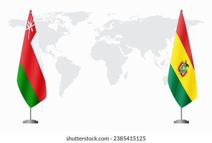 Oman and Bolivia flags for official meeting against background of world map.