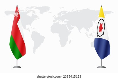 Oman and Bonaire flags for official meeting against background of world map.