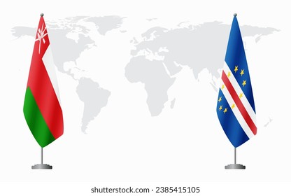 Oman and Cape Verde flags for official meeting against background of world map.