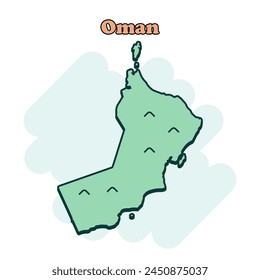 Oman cartoon colored map icon in comic style. Country sign illustration pictogram. Nation geography atlas business concept.	