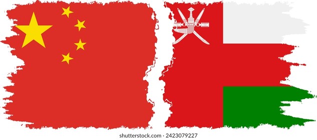 Oman and China grunge flags connection, vector