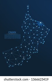 Oman communication network map. Vector low poly image of a global map with lights in the form of cities in or population density consisting of points and shapes in the form of stars and space.