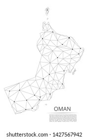 Oman communication network map. Vector low poly image of a global map with lights in the form of cities in or population density consisting of points and shapes and space. Easy to edit