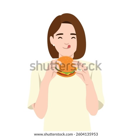 oman with a content expression holds a delicious burger, ready to take a bite. Flat vector illustration isolated on white background