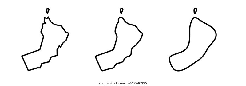 As silhuetas do contorno preto do país de Omã em três níveis diferentes de suavidade. Mapas simplificados. Ícones de vetor isolados no plano de fundo branco.