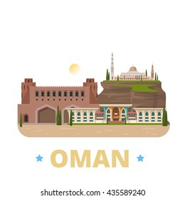 Oman Country Design flach Cartoon Stil historischen Showplace Website Vektorgrafik. Weltreisen, die Asiatische Sammlung besichtigen. Al Alam Palace Sultan Qaboos Grand Moschee Muscat Tor.