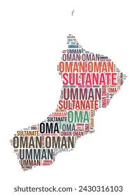 Oman country shape word cloud. Typography style country illustration. Oman image in text cloud style. Vector illustration.