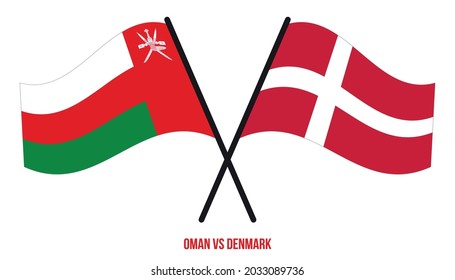 Oman and Denmark Flags Crossed And Waving Flat Style. Official Proportion. Correct Colors.