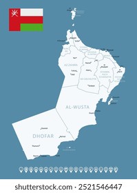 Oman - detailed blue country map with cities and regions. Infographic icons. Vector illustration