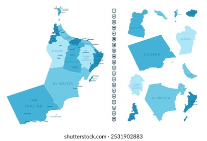 Omã - mapa detalhado do país em cores azuis, dividido em regiões. Ícones infográficos. Ilustração vetorial.