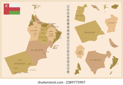 Oman - detailed map of the country in brown colors, divided into regions. Vector illustration