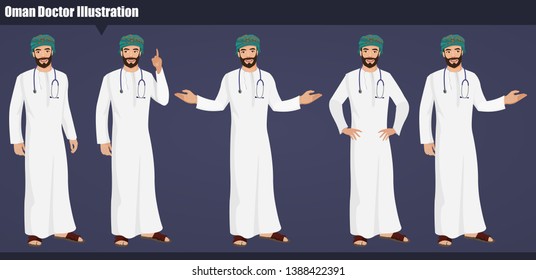 Personaje del Doctor Oman Men con Poses Manos e Ilustración vectorial Acciones. Profesionales de la salud. Juego de caracteres. Ilustración del doctor omaní.